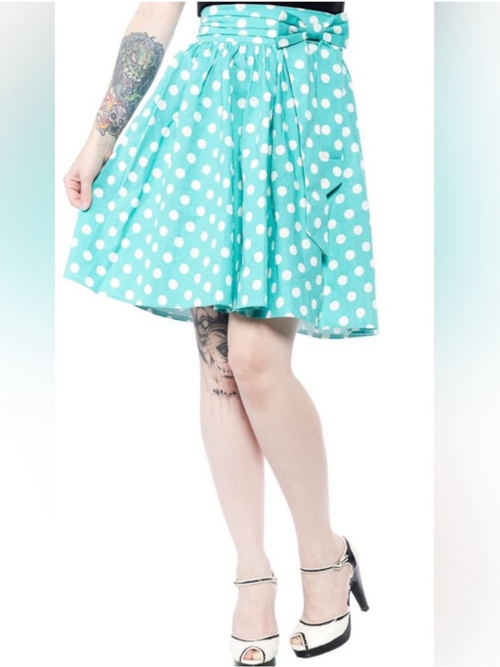 Sourpuss Teal and White Polka Dot Swing Skirt Size Large